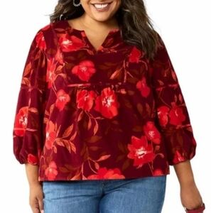 Plus Size 2x Sonoma Women's Red Floral Corduroy Shirt Cotton Boho